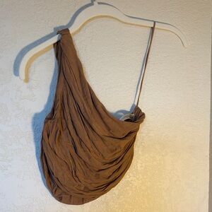 Brown Draped One-Shoulder Crop Top